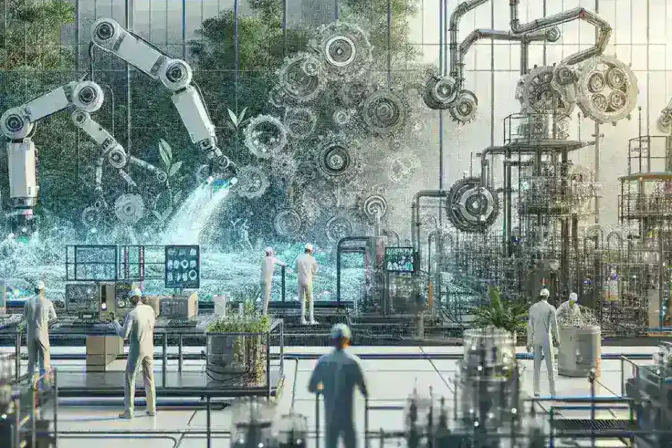 "Ilustrasi teknologi automasi adaptif dalam industri berbasis sumber daya alam, menampilkan sistem robotika yang efisien dan perangkat cerdas yang meningkatkan produktivitas serta keberlanjutan sumber daya."