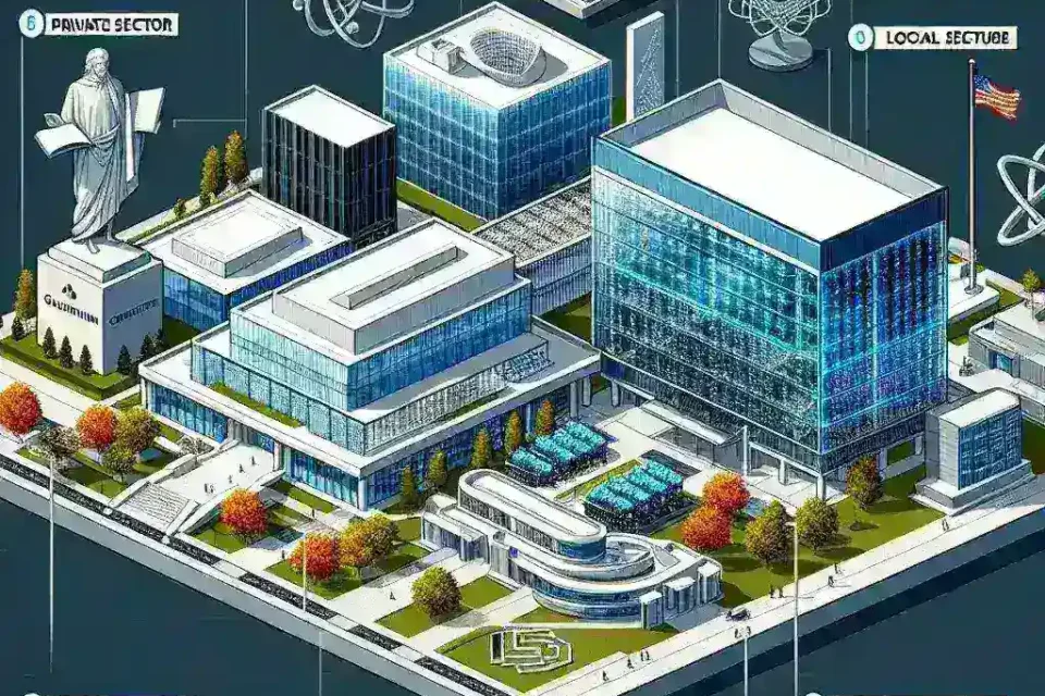 "Ilustrasi kerjasama antara kampus, sektor swasta, dan pemerintah dalam pembangunan pusat data center kuantum lokal di Indonesia, menunjukkan infrastruktur modern dan kolaborasi teknologi."